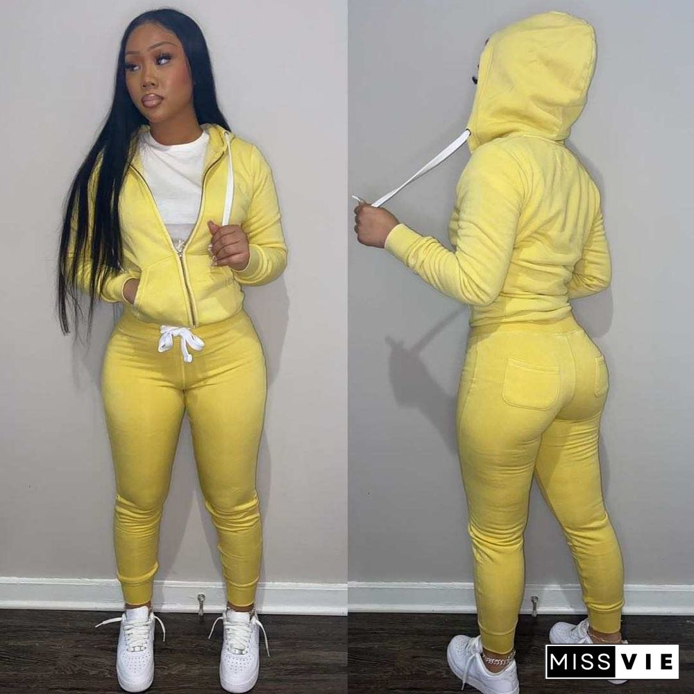 Solid Hooded Zip Sweatshirt Top Drawstring Pants Set