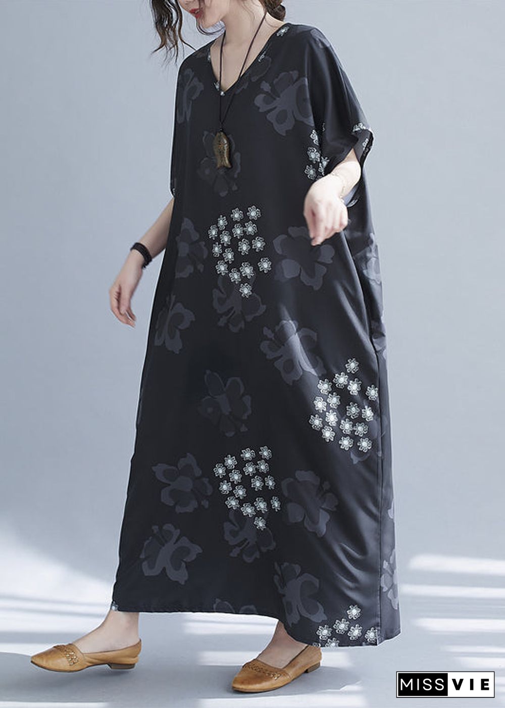 Baggy Black V Neck Snowflake Print Chiffon Long Dresses Short Sleeve