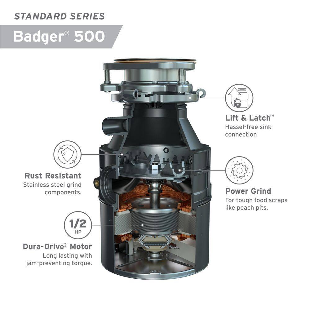 InSinkErator Badger 500 Lift  Latch Standard Series 12 HP Continuous Feed Garbage Disposal BADGER 500