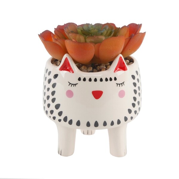 Faux Succulent in 4.75 Small White Cat Ceramic Planter