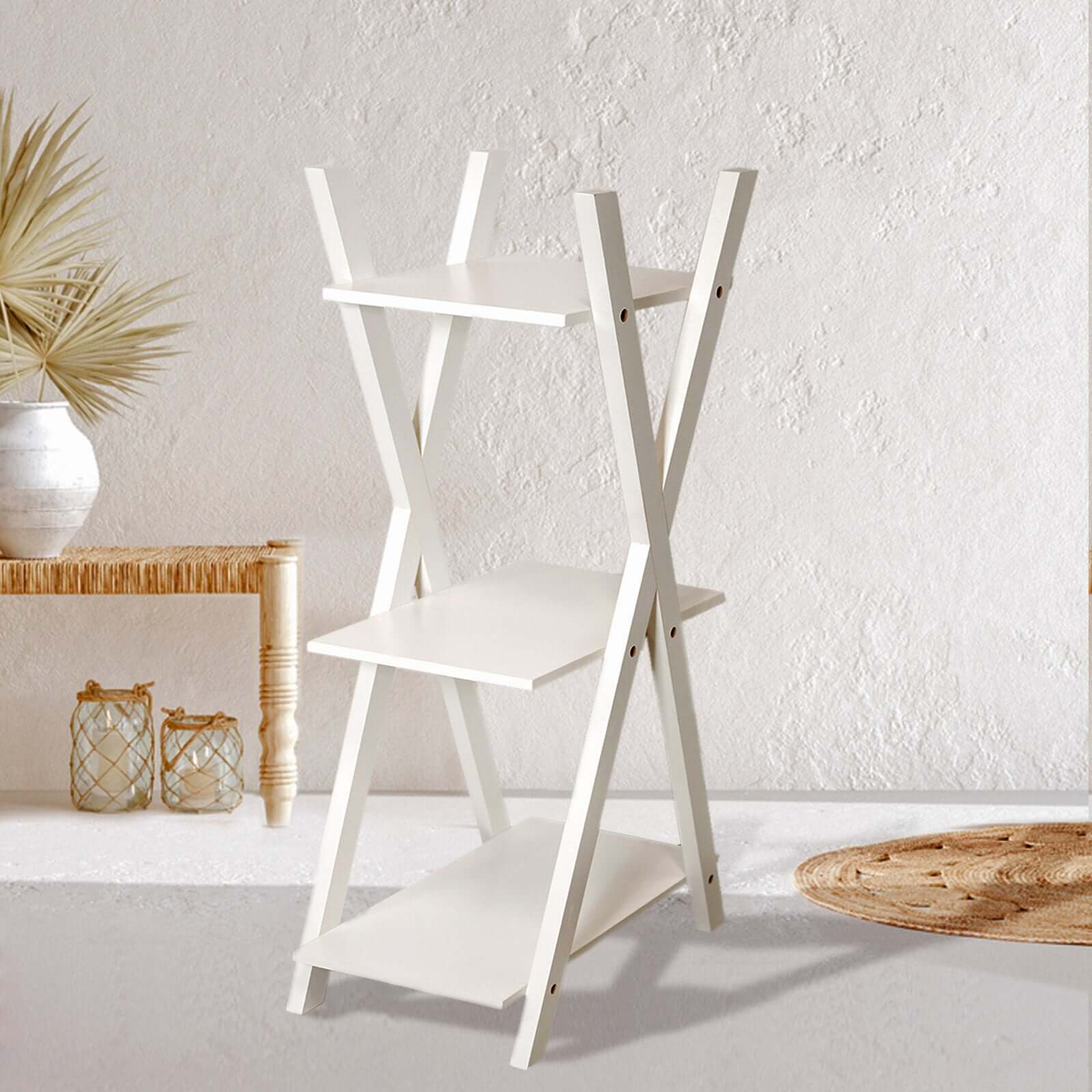 3-Tier White Wooden Plant Stand, X-Frame Display Shelf Accent Rack 44