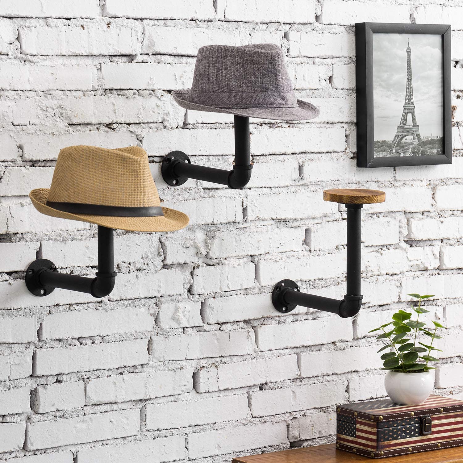 MyGift Set of 3 Black Metal Pipe and Rustic Brown Wood Wall Mounted Hat Racks