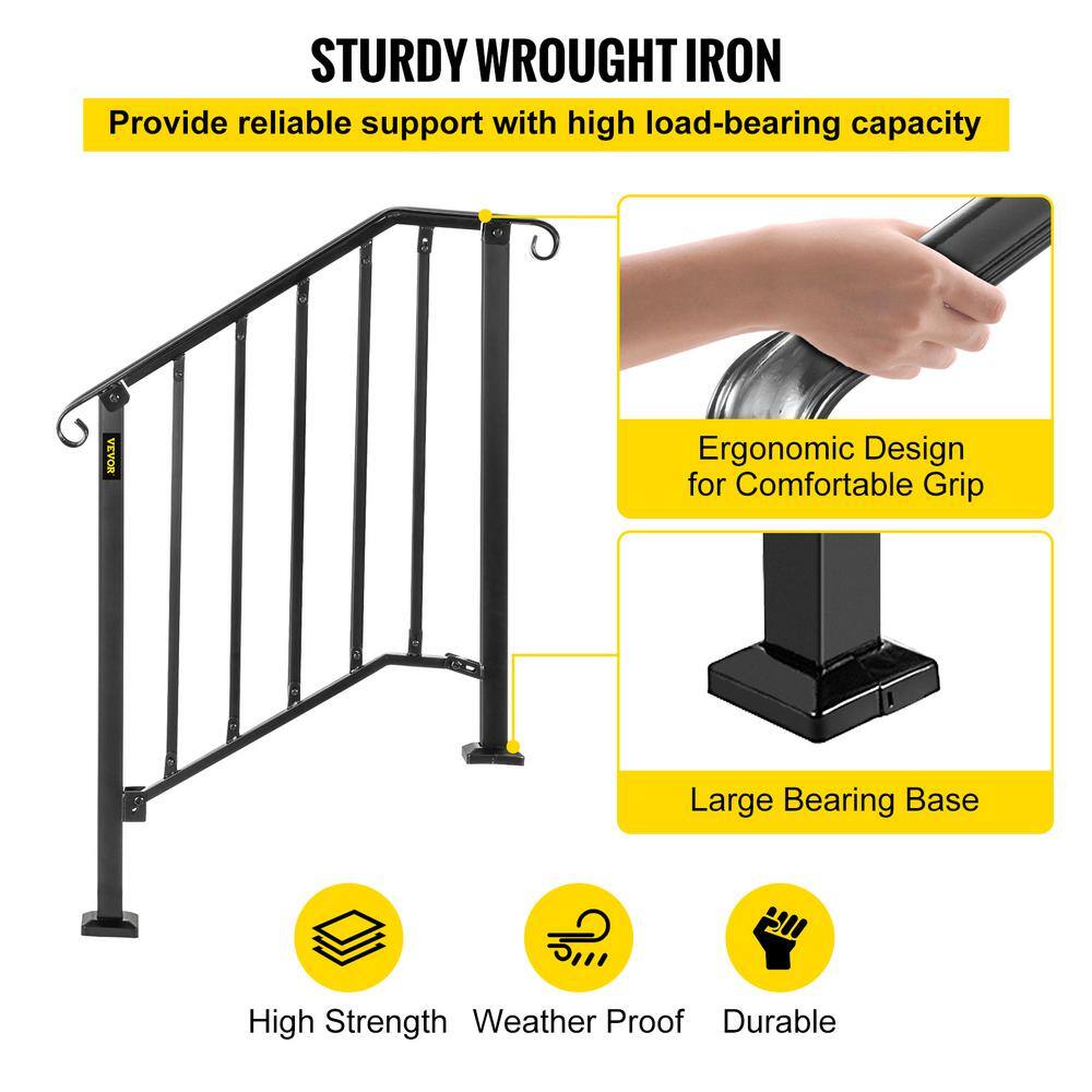 VEVOR 2 ft. Handrails for Outdoor Steps Fit 2 or 3 Steps Outdoor Stair Railing Wrought Iron Handrail with baluster Black LTFS2H3BHSTL00001V0