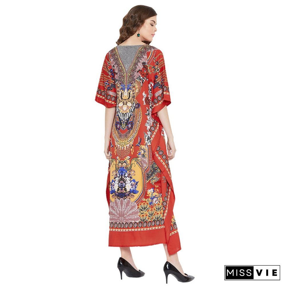 Polyester Kaftans Multiple Print Kimono Sleeves Boho Beach Cover Up Plus Size Lightweight Long Maxi Kaftan Dress