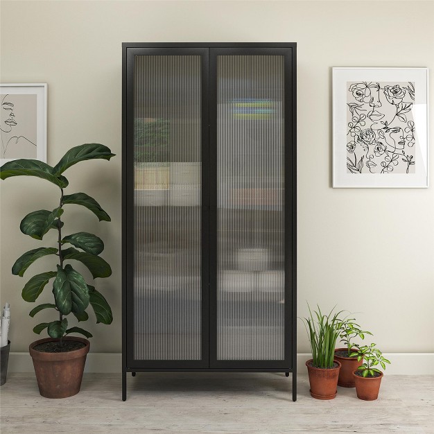 Realrooms Shadwick 2 Door Tall Metal Locker Style Storage Cabinet fluted Glass Doors