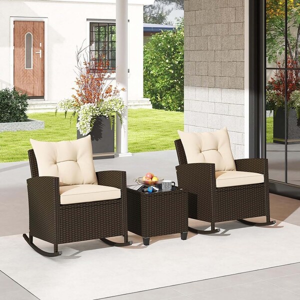 3 PCS Patio Rattan Rocking Bistro Set Rocking Chairs w/ Side Table