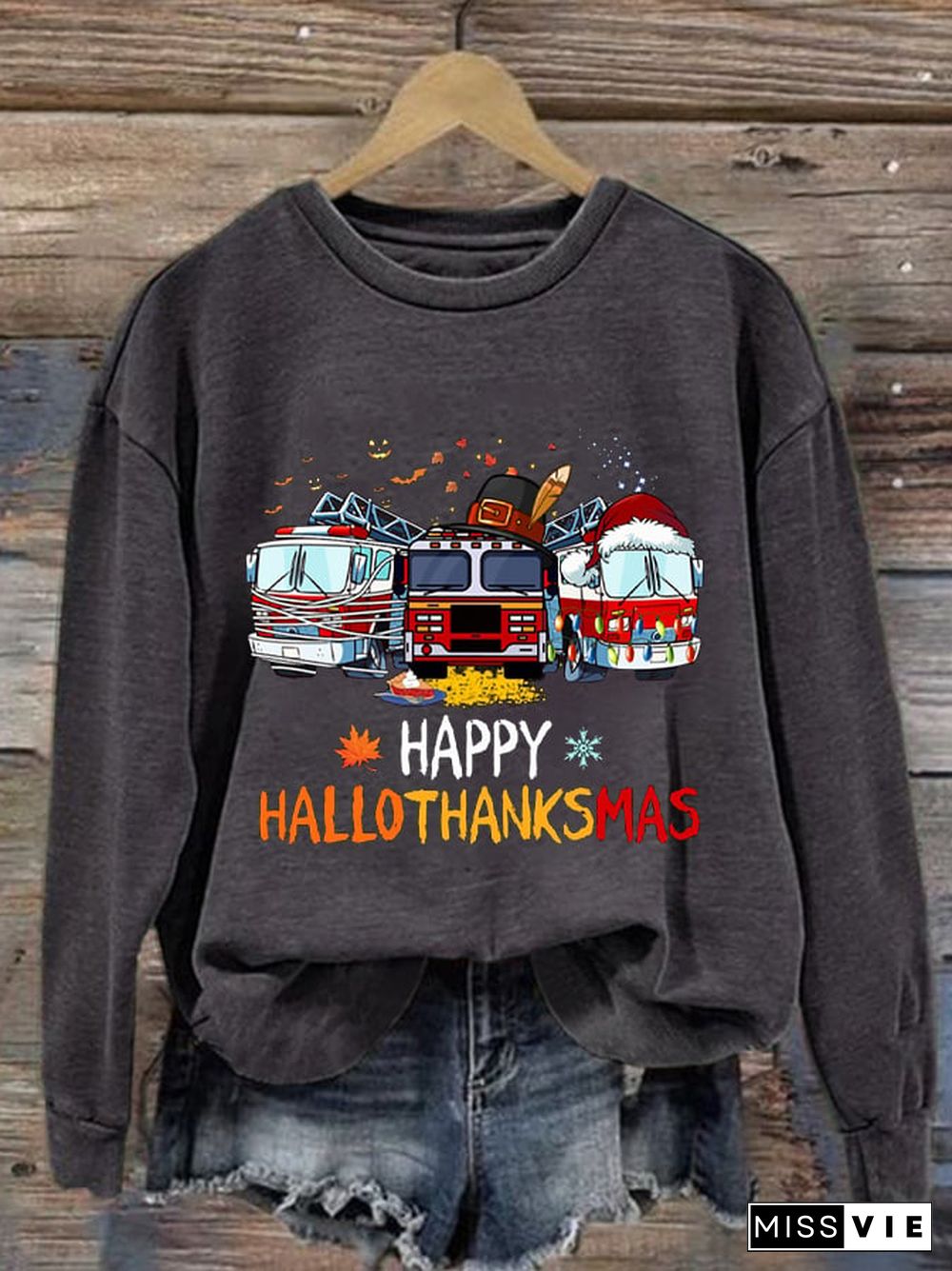 Women's Casual Happy Hallothankmas Firefighter Print Long Sleeve Sweatshirt