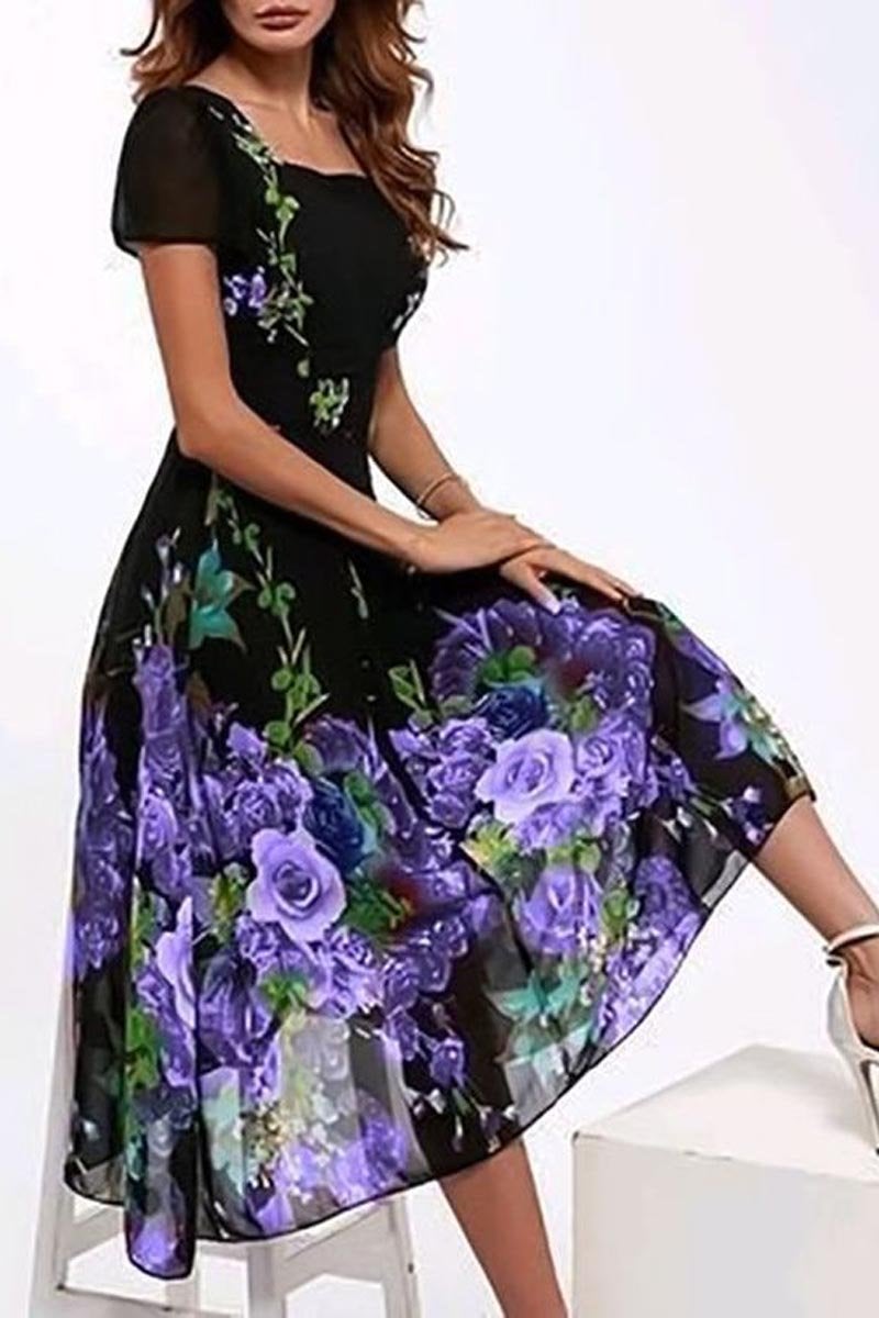 Plus Size Floral Square Neckline Short Sleeve A-line Midi Dress