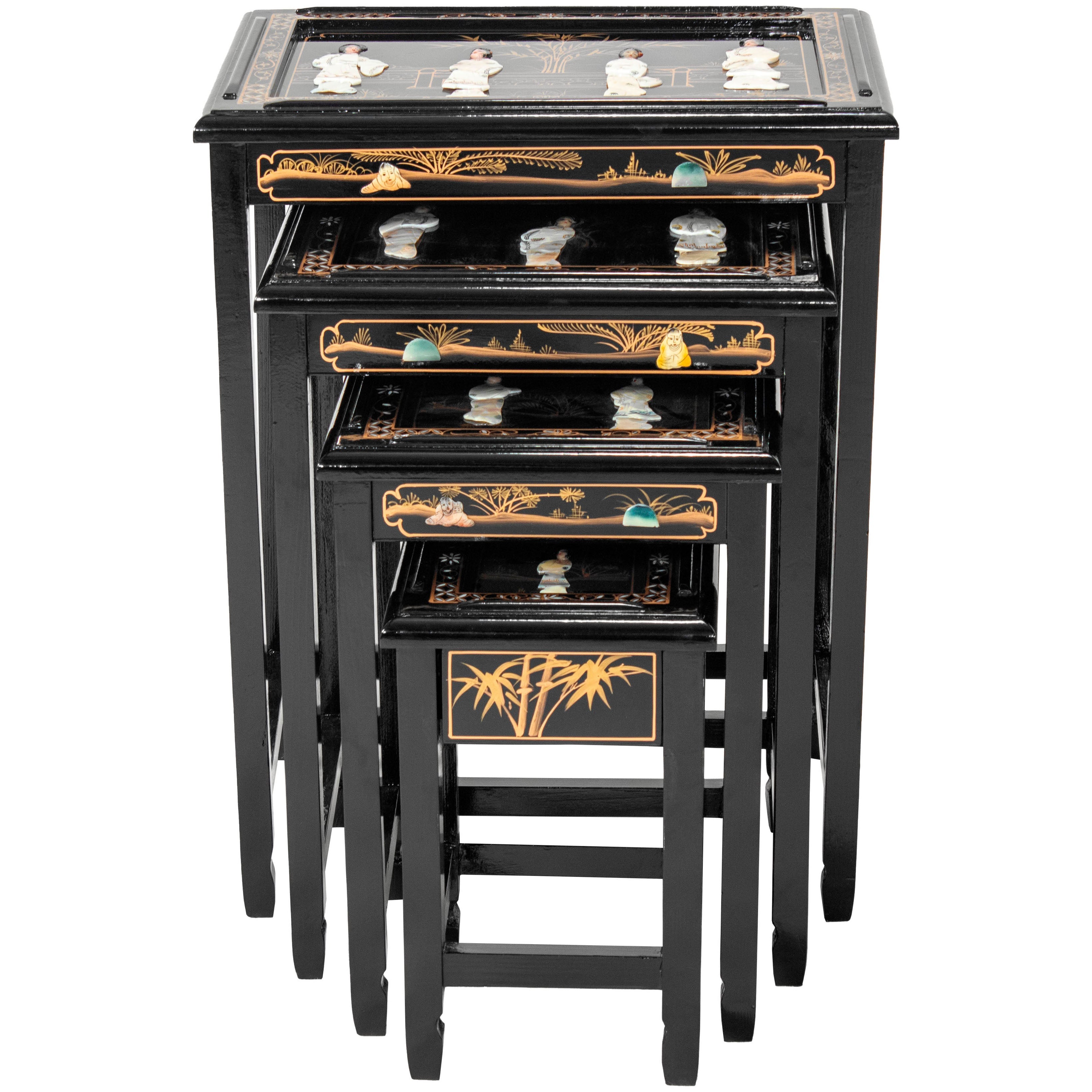 Oriental Furniture Black Lacquer Nesting Tables - Royal Ladies