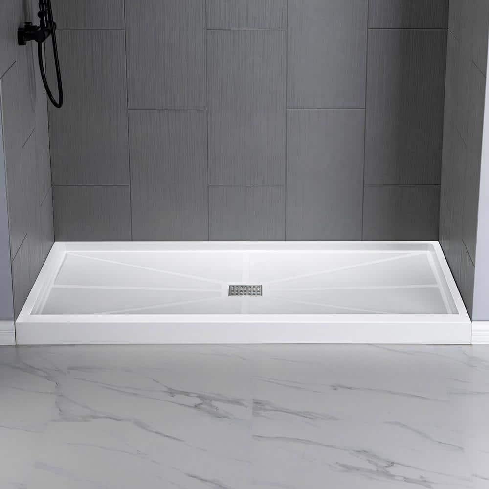 WOODBRIDGE 48 in x 32 in Solid Surface Single Threshold Center Drain Shower Pan with Stainless Steel Linear Cover in White