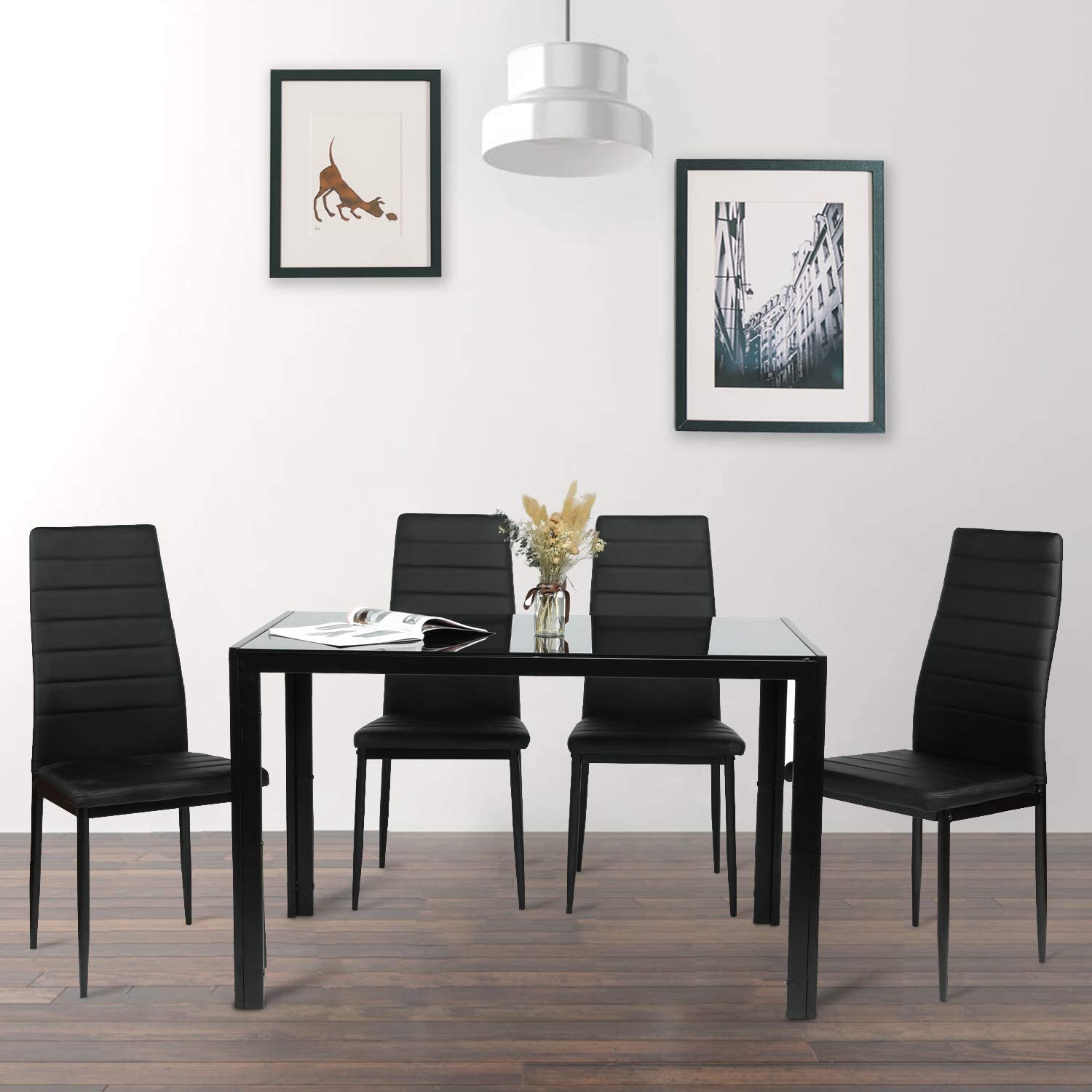 Arlopu 5-Piece Dining Table Set for 4, Tempered Glass Tabletop and 4 Faux Leather Chairs, for Kitchen, Dining Room