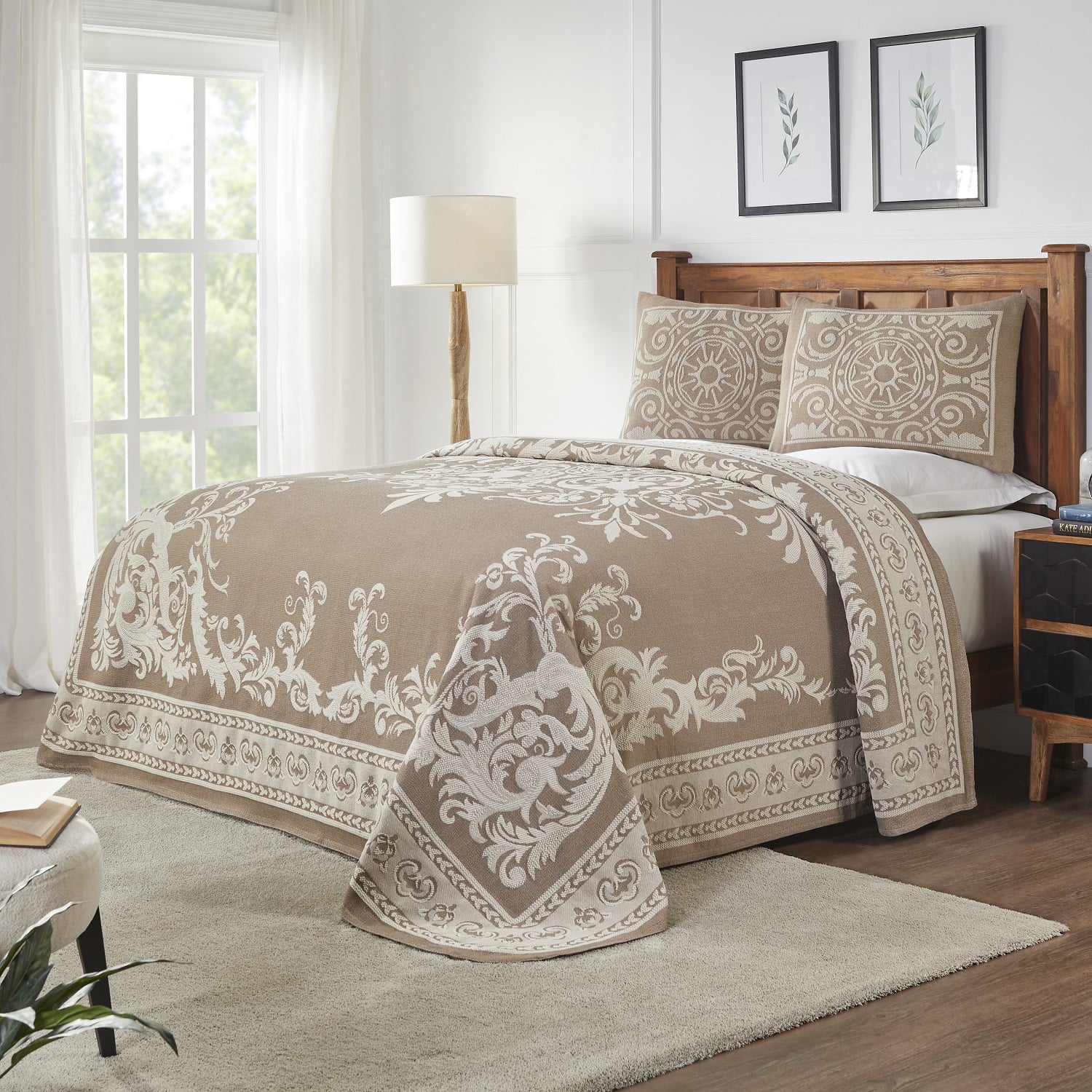 BNM Cotton Blend Vintage Medallion Bedspread Set， Twin， Taupe