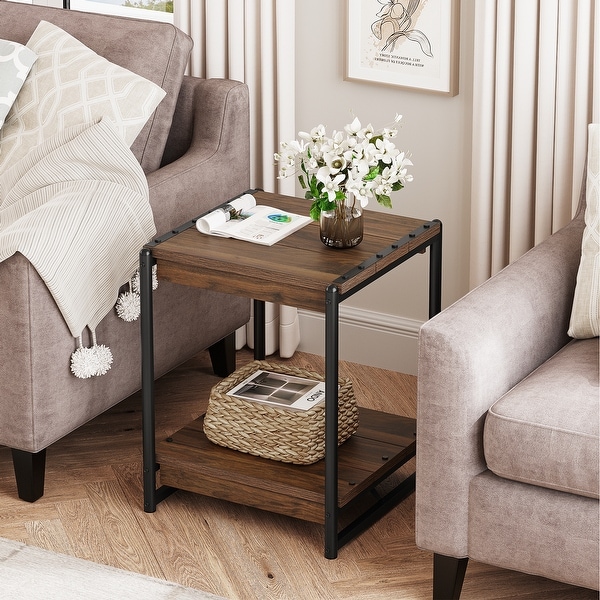 Farmhouse End Table， 19.6 Inch Sofa Side Table with 2-Tier Storage， Square End Table with Sturdy Frame