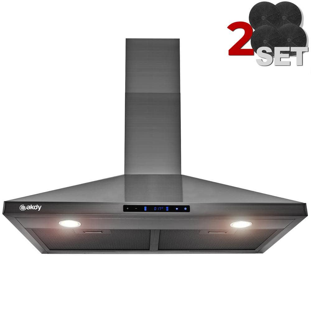 AKDY 30  343 CFM Convertible Wall Mount Range Hood Touch Controls LED Lights 2Set Carbon Filters in Black Stainless Steel