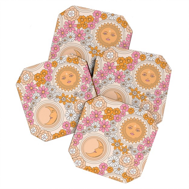 Emanuela Carratoni Floral Moon And Sun Set Of 4 Coasters Deny Designs