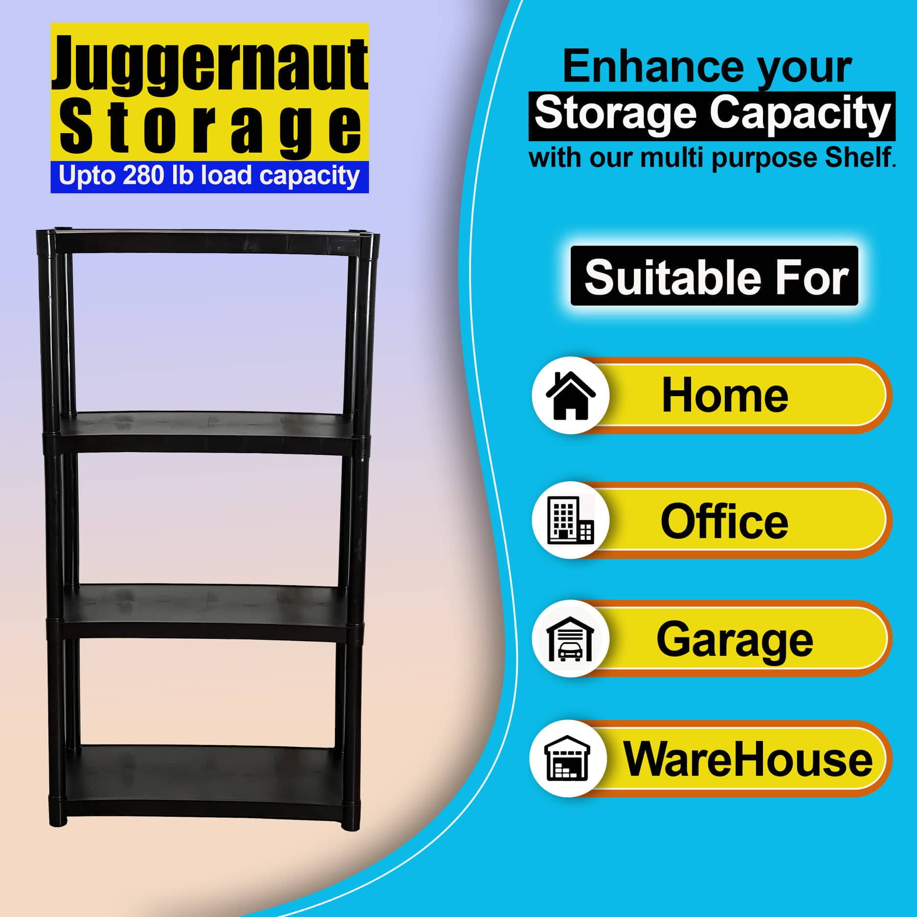 Juggernaut Storage Freestanding 4-Shelf Plastic Storage Shelf, Black, 280 lb Capacity