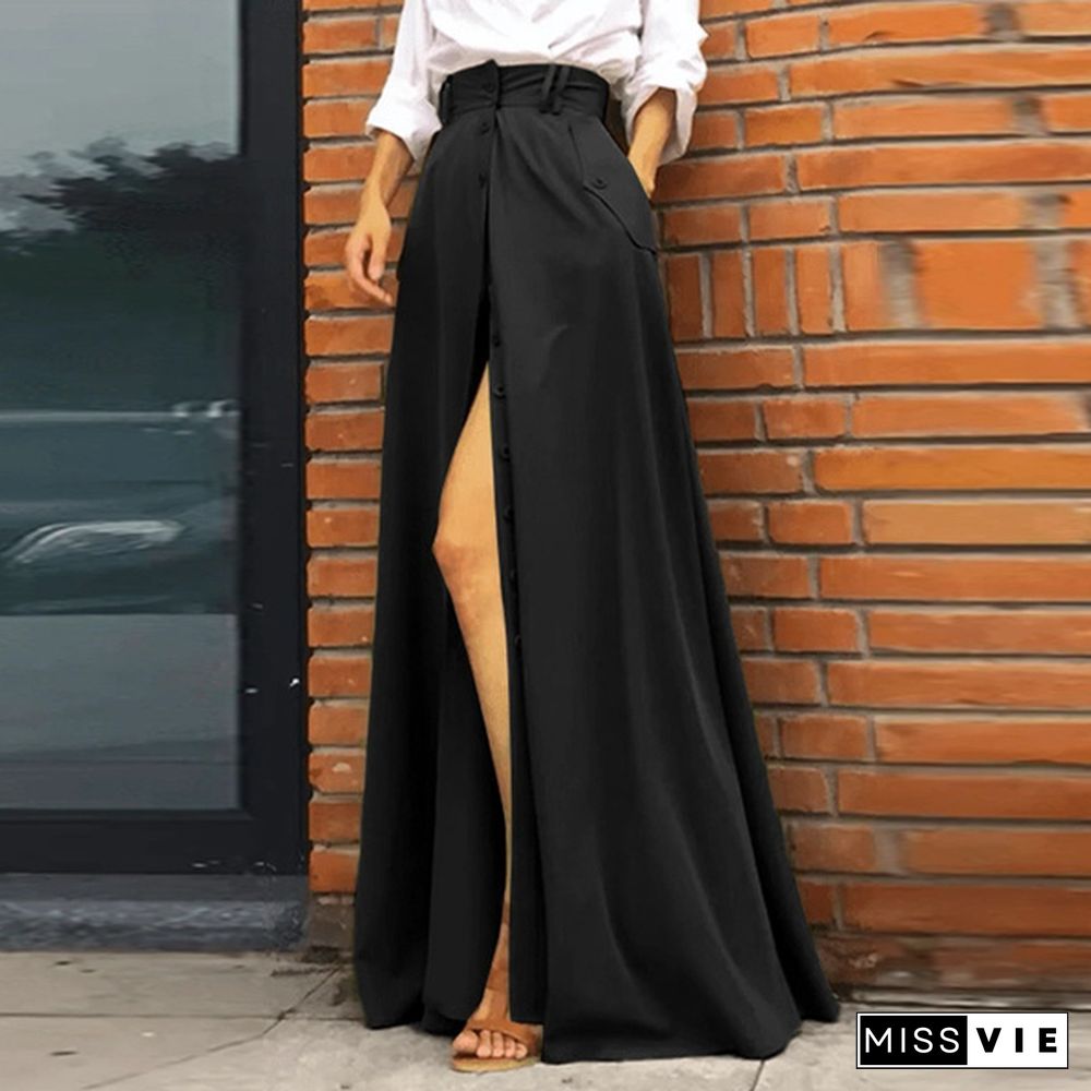 Women Umbrella Long Skirt A Line Dress Buttons High Waist Pleated Casual Loose Maxi Skirts Plus Size