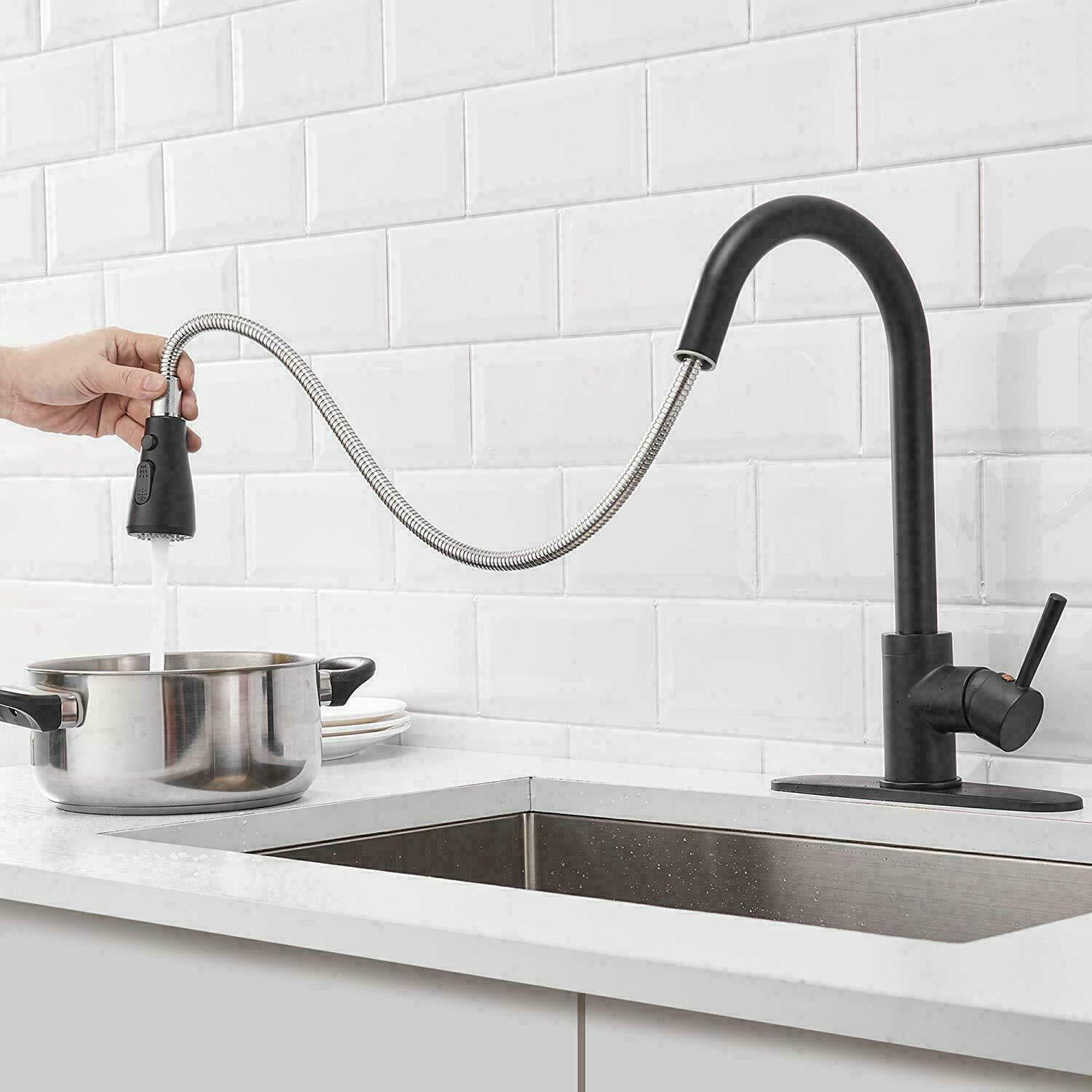 Matte Black Kitchen Faucet Sink Pull Down Sprayer Single Handle Swivel Mixer Tap