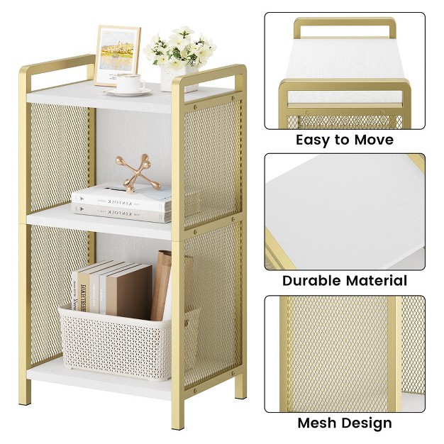 Trinity Gold Side Table With Storage 3 tier Tall End Table With Golden Metal Frame And White Storage Shelves For Living Room Bedroom And Couch