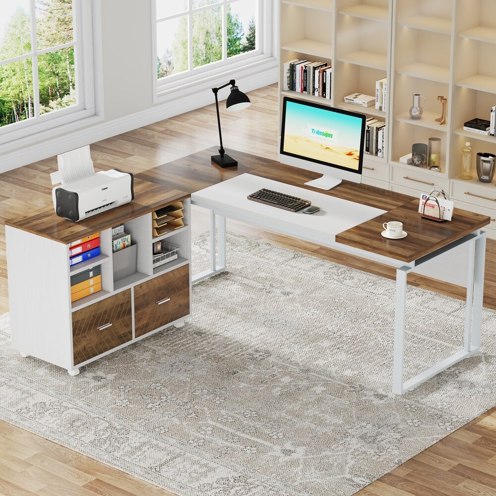 L Shaped Executive Desk with Reversible File Cabinet 63\