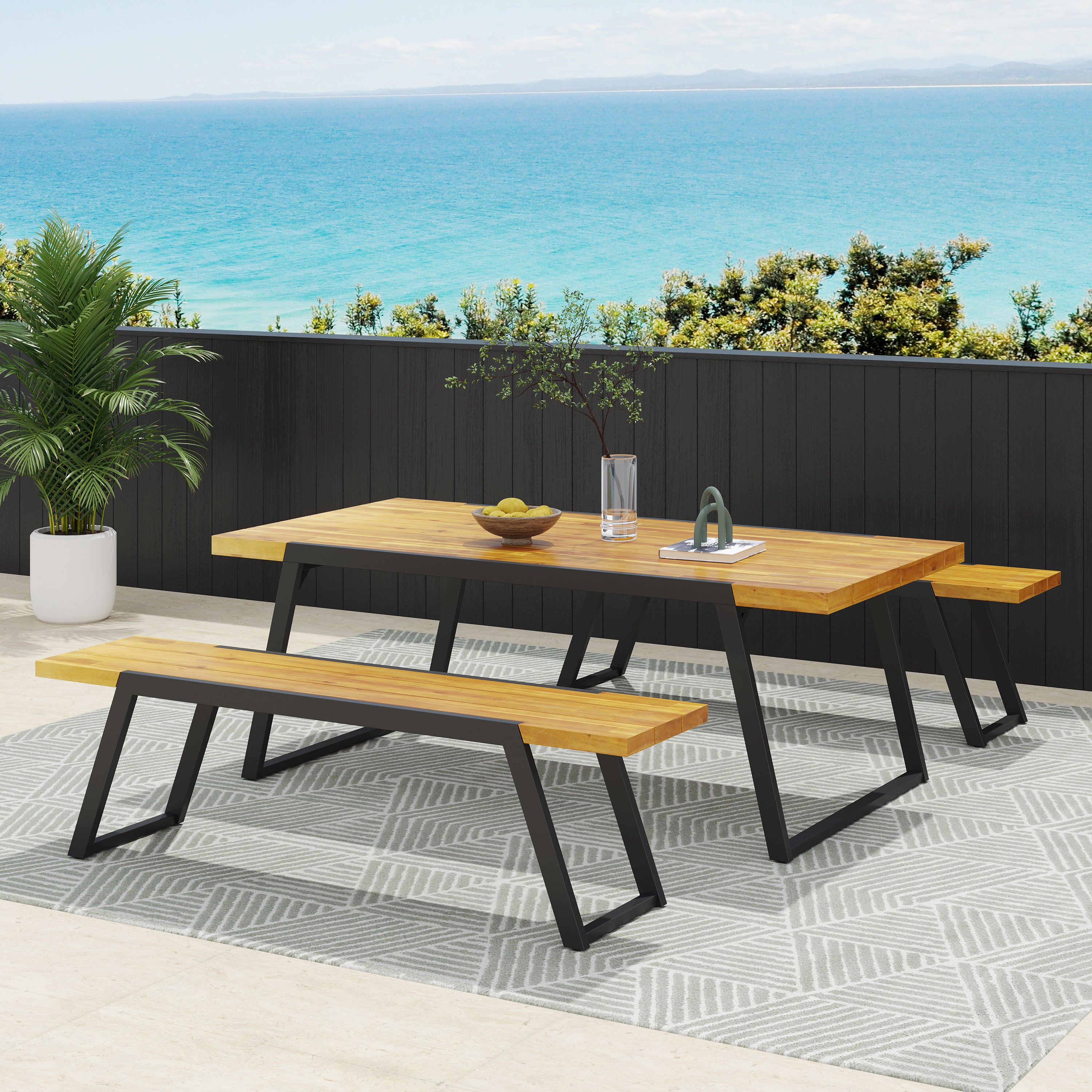 Gebo Outdoor Modern Acacia Wood 3 Piece Picnic Set， Teak and Black