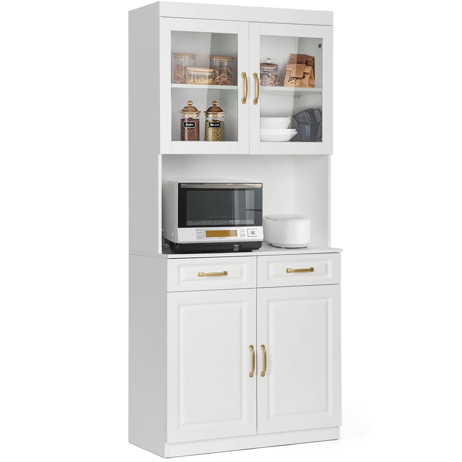 SMOOL Kitchen Storage Cabinet Freestanding Pantry with 4 Doors and 2 Drawers， White