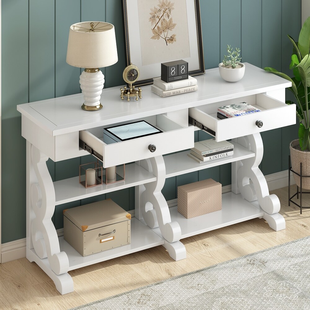 Storage Console Table with Open Shelves and Drawers for Entrance and Living Room