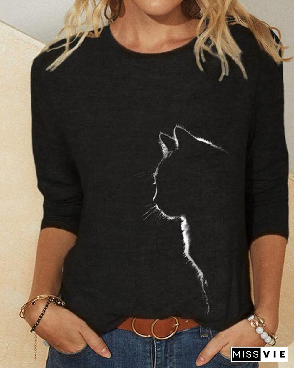 Cat Print Long Sleeves O-neck Casual T-shirt For Women