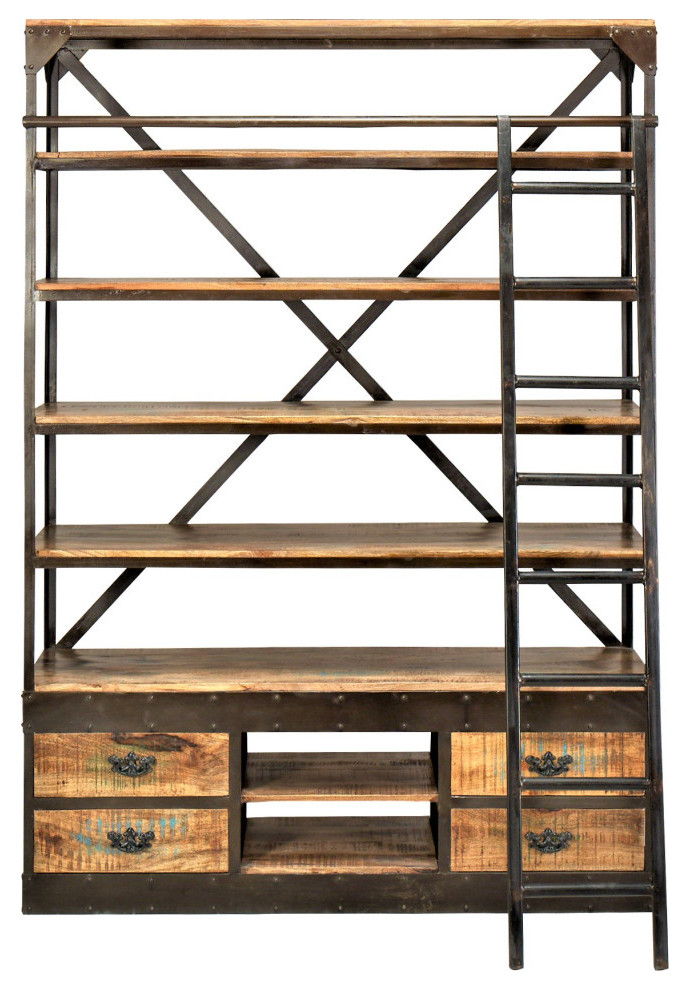 80x62 quotRustic Industrial Mobile Library Bookcase with Ladder and Drawers   Industrial   Bookcases   by Sideboards and Things  Houzz