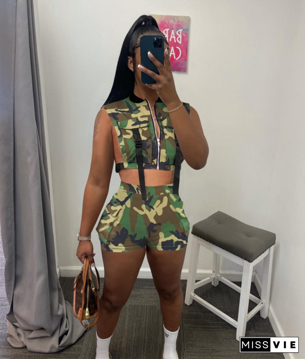 Camo Print Buckle Pockets Vest Jacket Shorts Suit