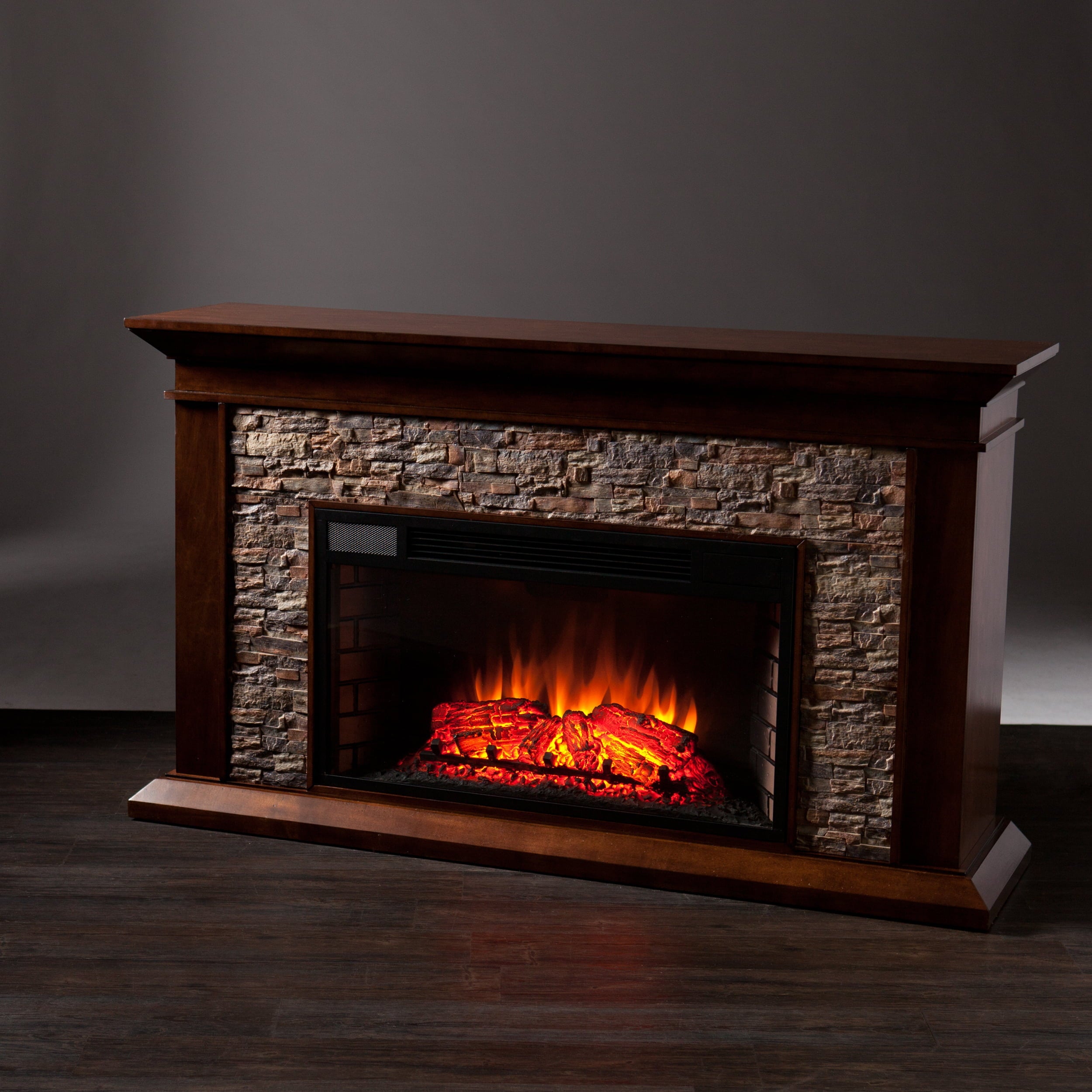 Sei Bodilla Traditional style Electric Fireplace in Whiskey maple with Durango faux stone finish