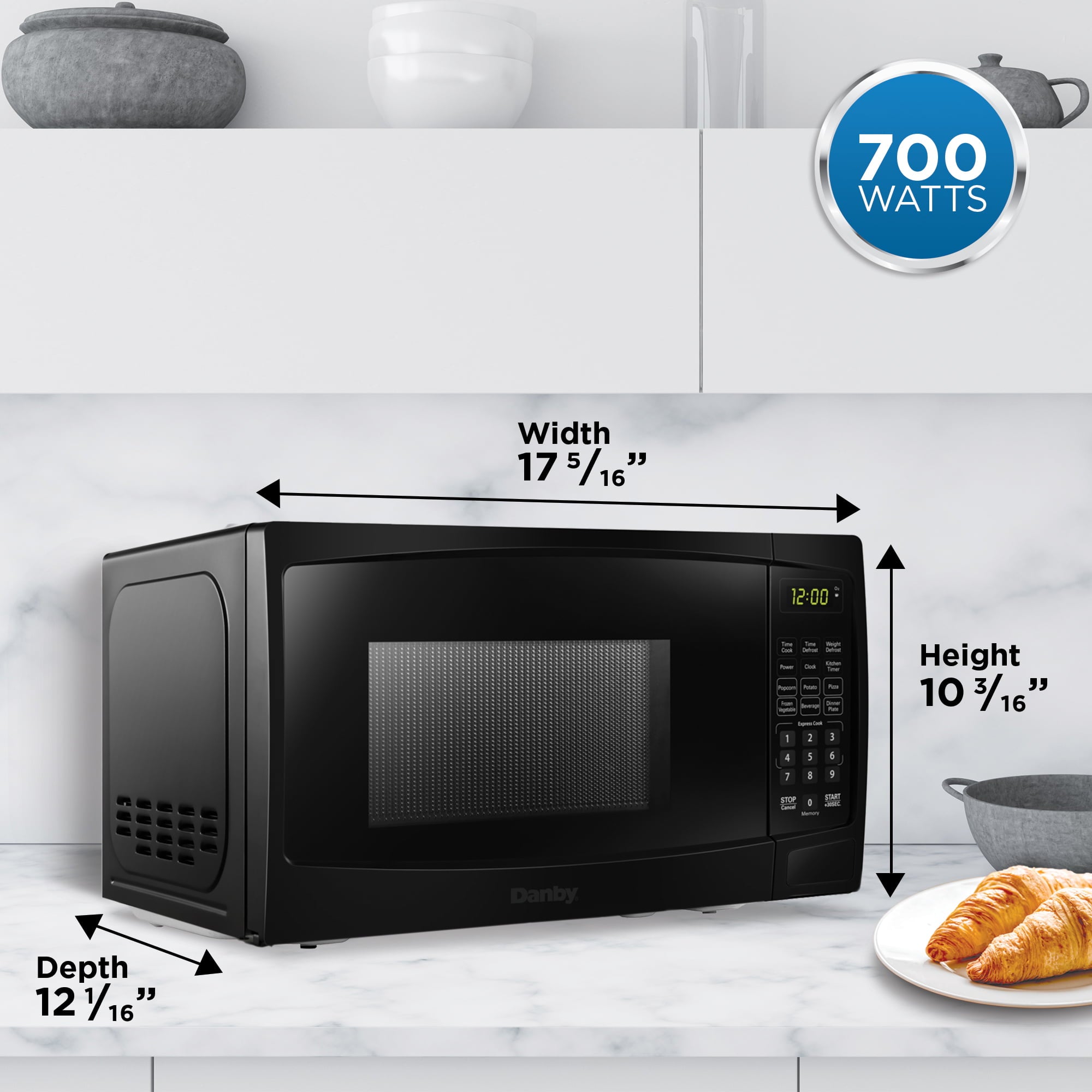 Danby DBMW0720BBB 700 Watts 0.7 Cu.Ft. Countertop Microwave with Push Button Door|10 Power Levels, 6 Cooking Programs|Auto Defrost and Child Lock