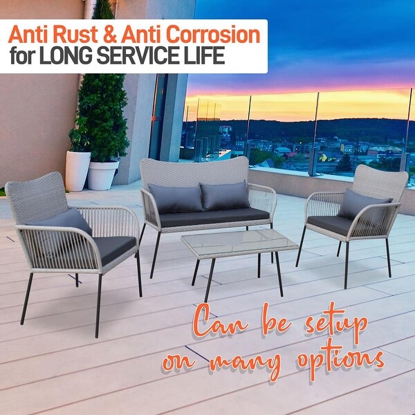 4 Pcs. Patio Outdoor Rattan Furniture Set-1 Double 2 Single Chairs， and 1 Table (Black) - Overstock - 37952154