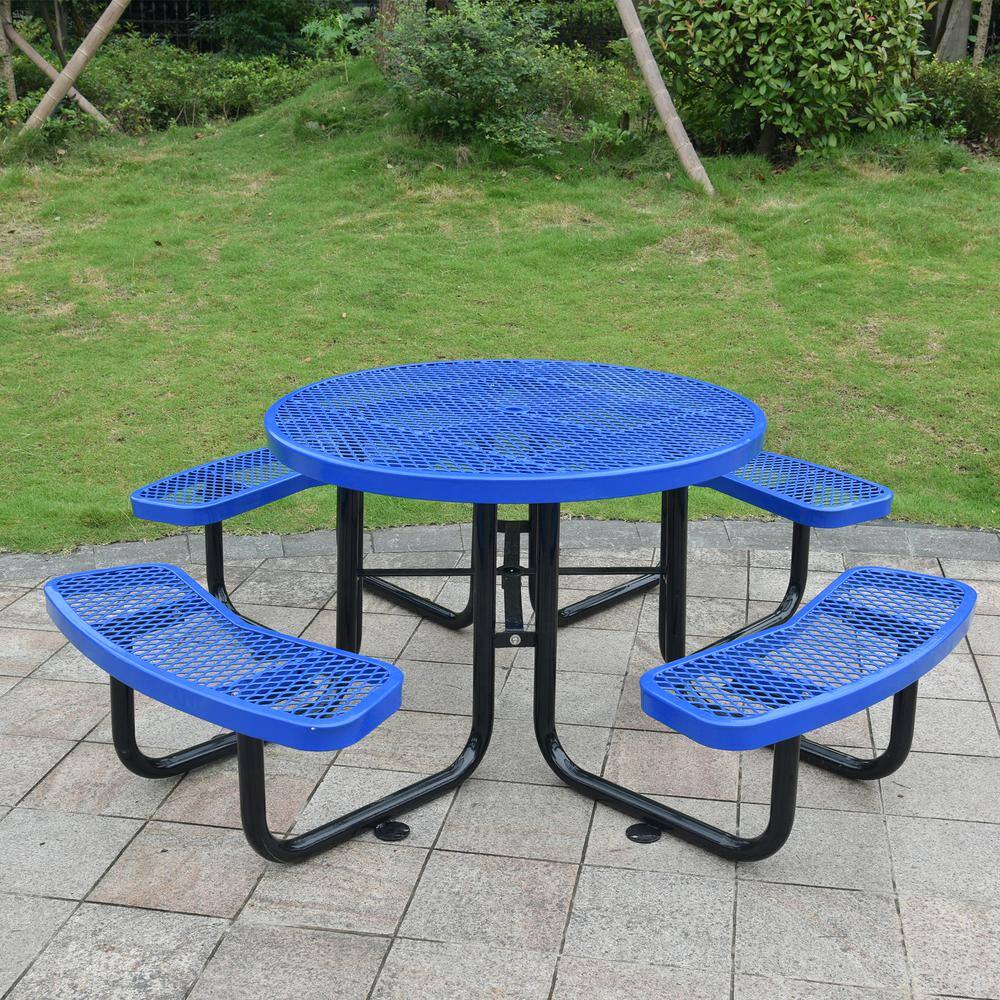 Afoxsos Blue Round Outdoor Steel Picnic Table Dining Table 46 in. with Umbrella Pole DJMX999