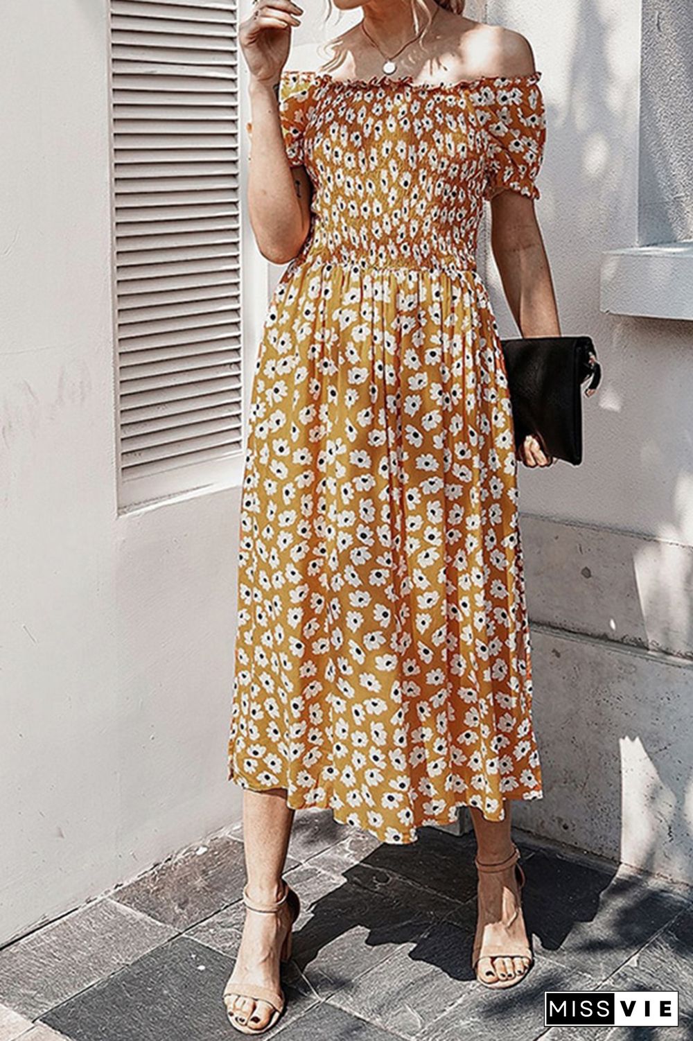 Sun Flower Off Shoulder Floral Dress Wholesale