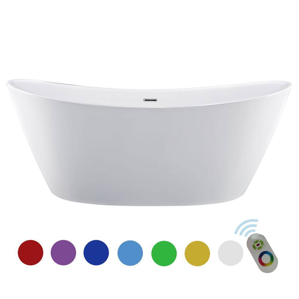 Empava 67 in. Acrylic Flatbottom Hourglass Freestanding Soaking Lighted Bathtub in White with Brushed Nickel Overflow and Drain EMA-67FT1518LED