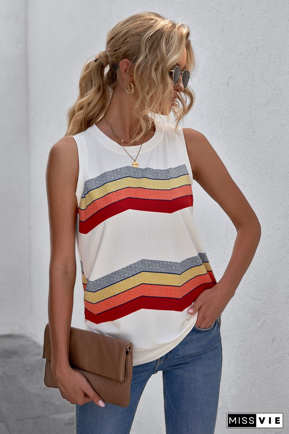 White Crew Neck Colorblock Stripes Tank Top