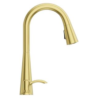 Pfister Barullli Single Handle Pull Down Sprayer Kitchen Faucet with Deckplate Included and Soap Dispenser in Brushed Gold F-529-7BARBG