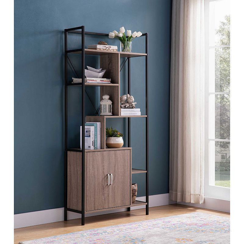 FC Design Dark Taupe and Black Metal Frame Bookcase Display Cabinet with 2 Door and 9 Shelves