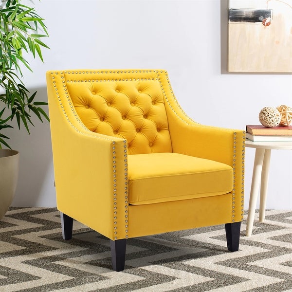 Velvet Upholstered accent living room armchair with nailheads and solid wood legs