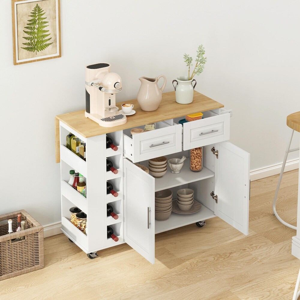 Kitchen Island Cart  2 Door Cabinet  Dual Drawers  Spice Rack  Towel Holder  Wine Rack  Foldable Rubberwood Table