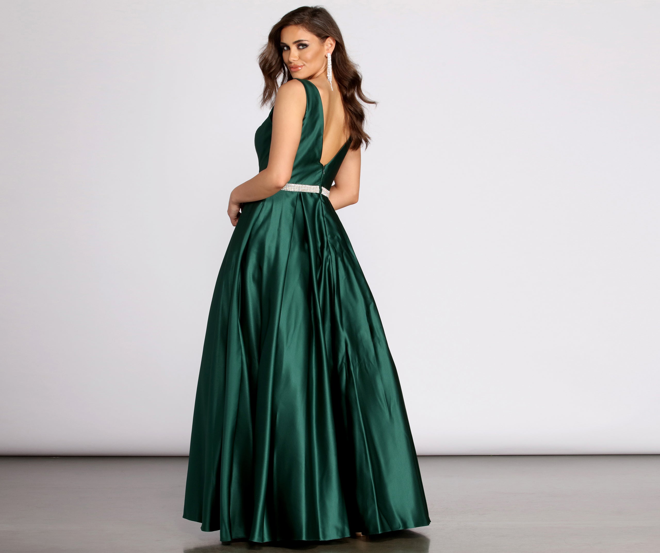 Yenni Satin Rhinestone Trim Ball Gown