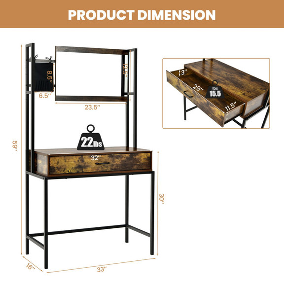 Costway 90627358 Industrial Vanity Table with 3 He...