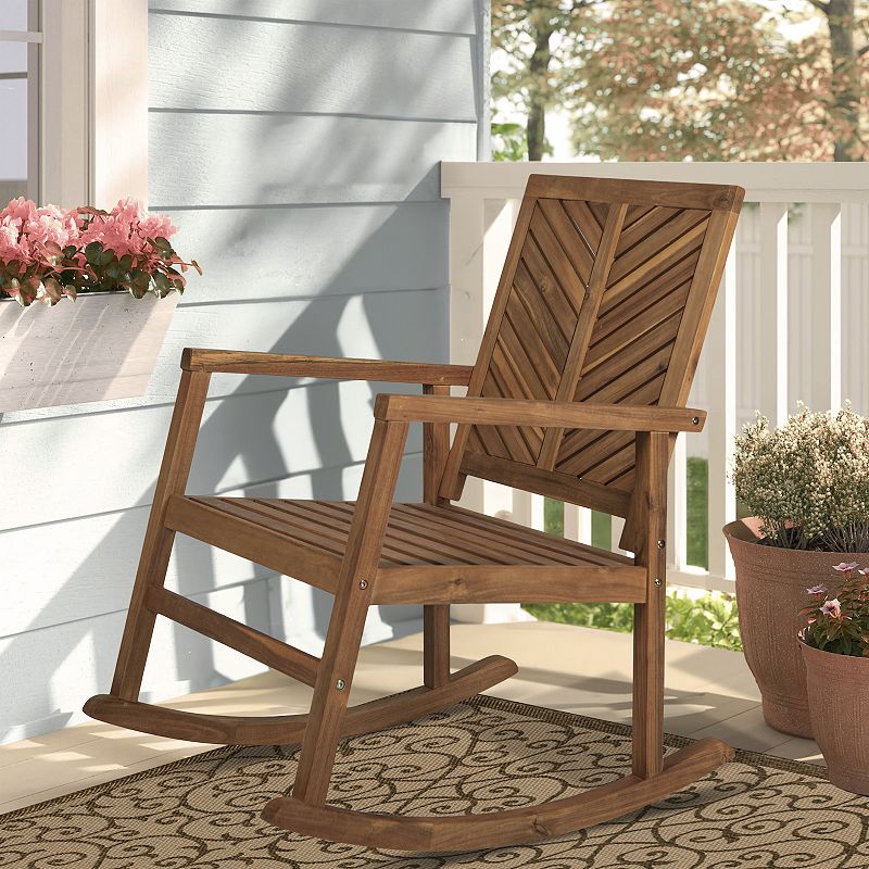 Ned Modern Chevron Back Acacia Wood Patio Outdoor Rocking Chair