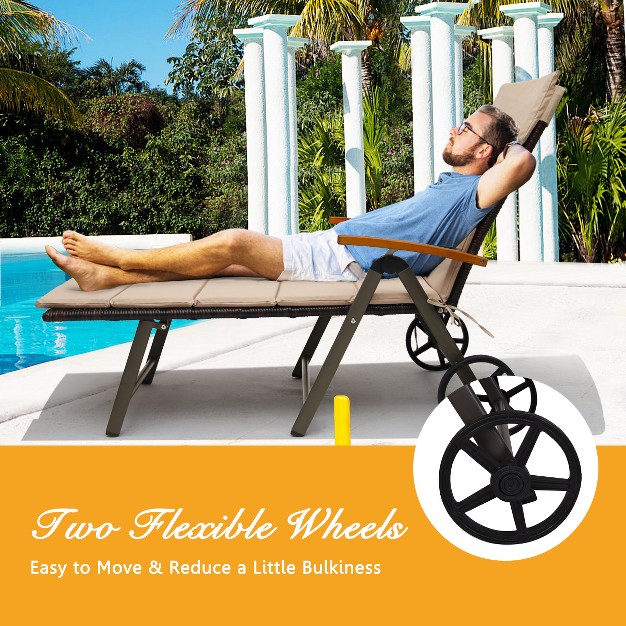 Tangkula Folding Outdoor Rattan Chaise Lounge Chair Cushioned Recliner W Wheels Beige