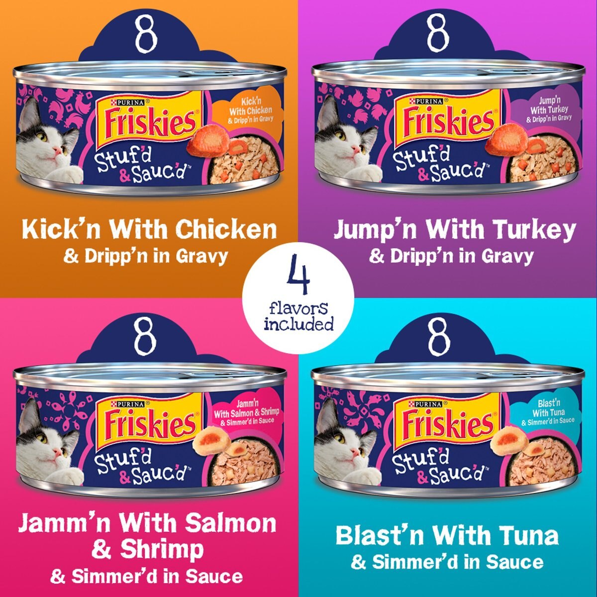 Friskies Stuf'd and Sauc'd Chicken， Tuna， Turkey， Salmon and Shrimp Variety Pack Canned Cat Food， 5.5-oz can， case of 32