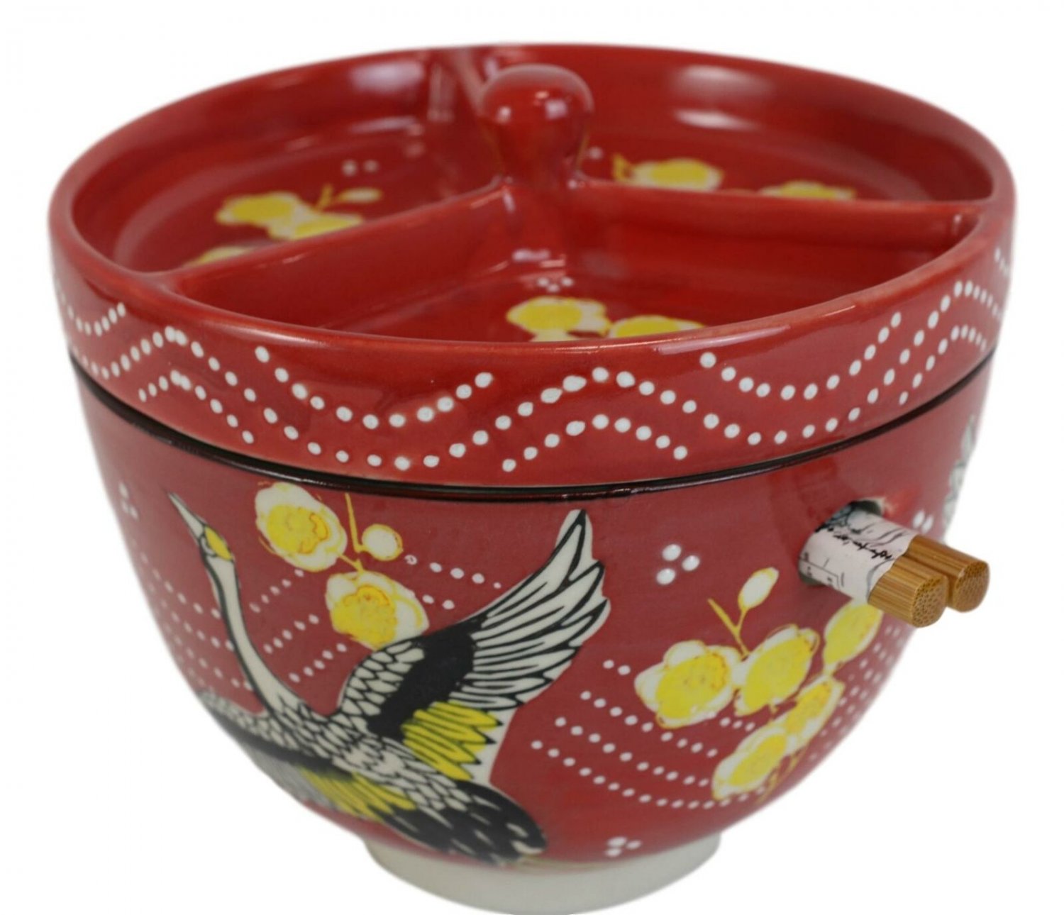 1 Red Flying Crane Ramen Bowl With Tempura Divider Condiment Lid Chopsticks Set EBR02