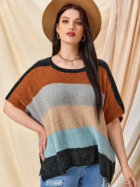 Plus Block Stripe Pattern Button Side Knit Top - BGLCLOTH