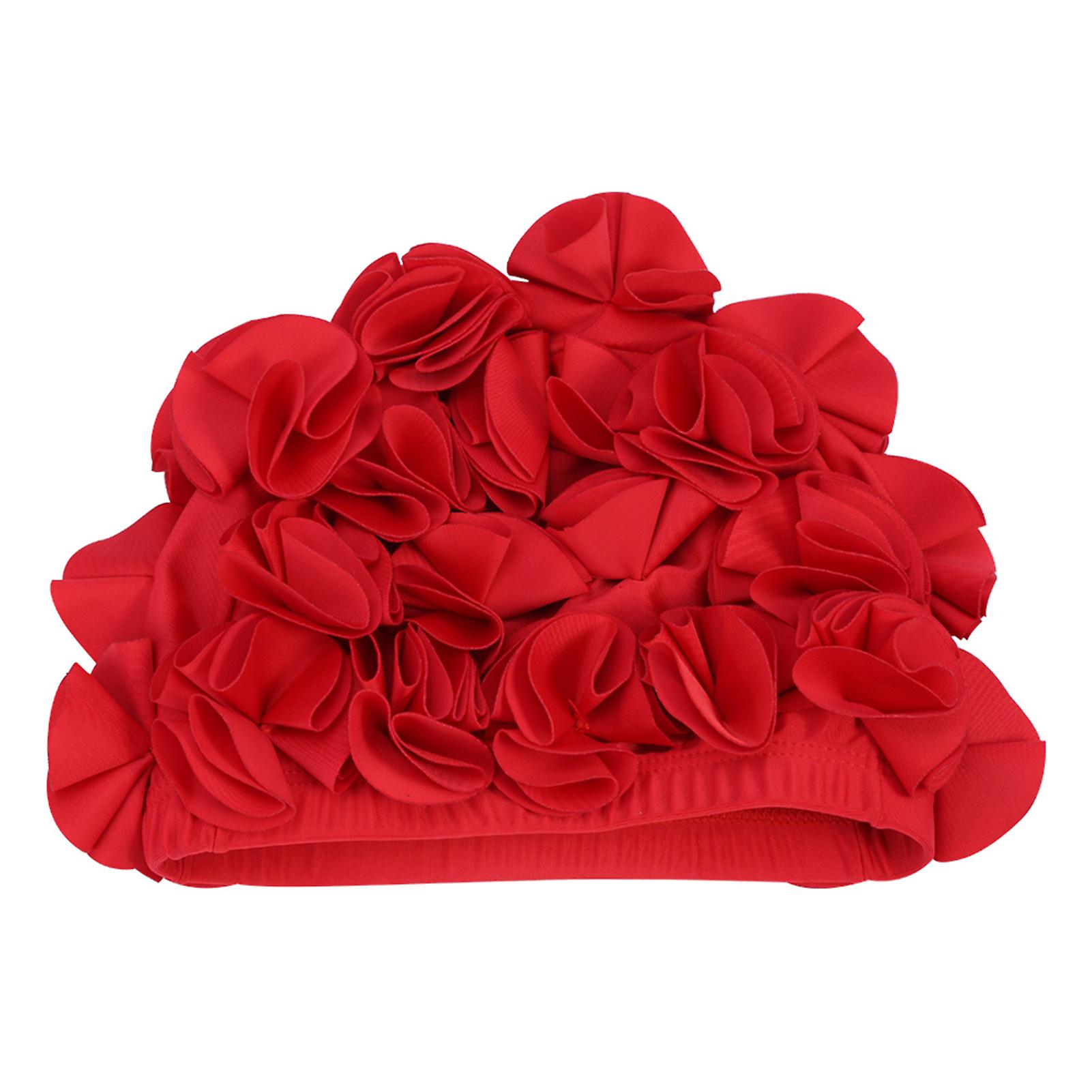 Women Children Flower Shape Fashion Elastic Swiming Hat Long Hair Swim Cap (red)