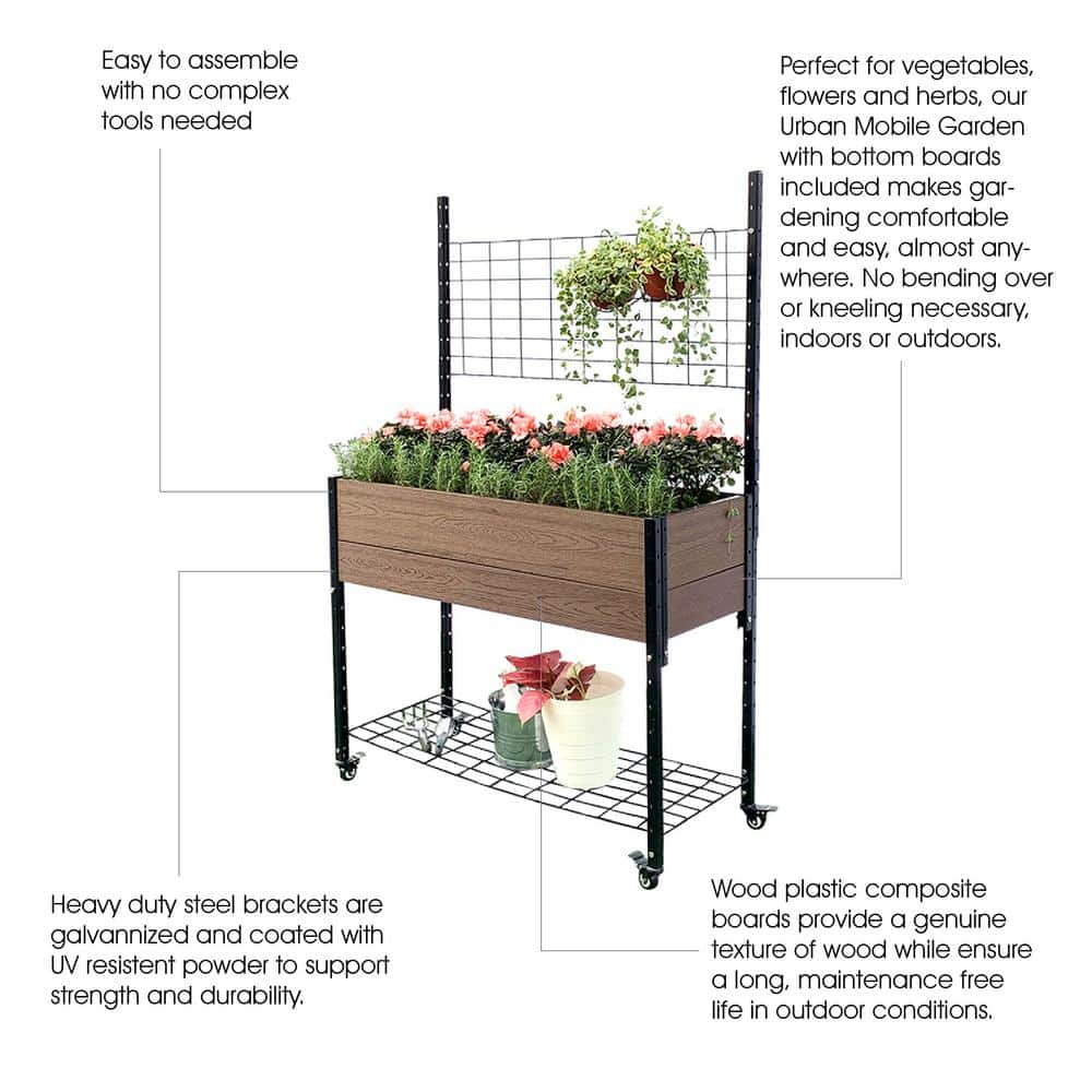 EverBloom 19 in. D x 36 in. H x 45 in. W Brown and Black Composite Mobile Garden Planter Raised Bed with Trellis and Under Shelf K2101